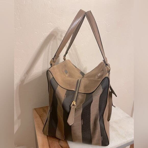 Fendi Foresta Boston Pequin Striped Suede & Leather Box Tote Satchel Bag - Picture 3 of 16